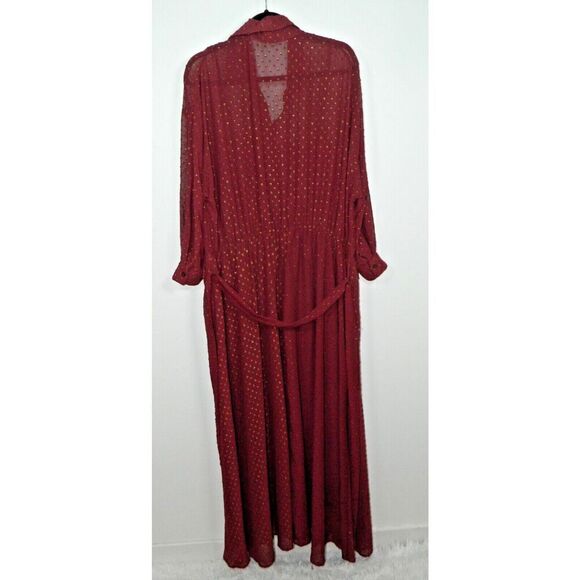 Unique Vintage Dress Size 3X/20 Burgundy Gold Clip Dot Blanche Maxi Shirt Belted - Picture 8 of 10